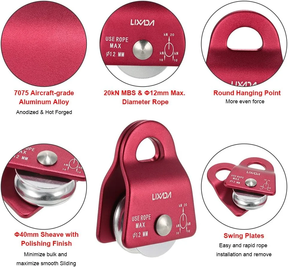 قرقره میکرویی متحرک بلبرینگی Morelian با ظرفیت 20kN، حداکثر قطر طناب 1/2 اینچ، مناسب برای تجهیزات، درختکاری و صخره نوردی