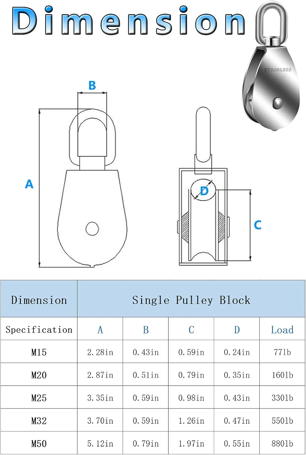 بلوک قرقره تکی Lsqurel، قرقره جرثقیل استیل ضد زنگ 304، چرخ قرقره برای بلند کردن، بالابر نردبان، تجهیزات بدنسازی، بالابر فروشگاهی (M25 بسته 6 عددی)