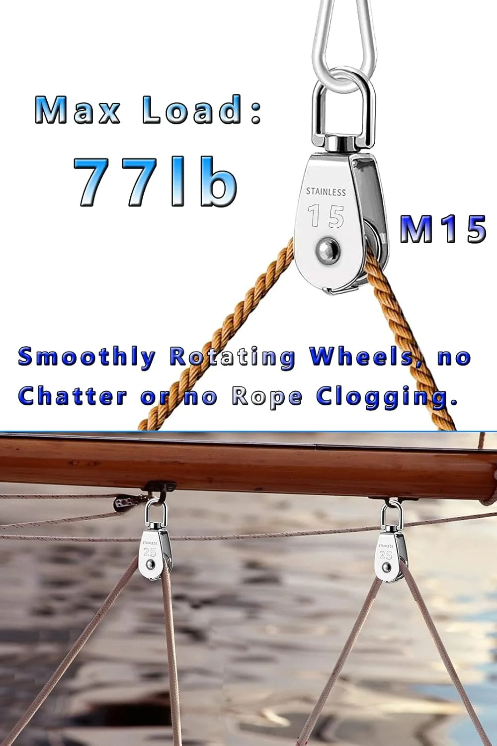 بلوک قرقره تکی Lsqurel، قرقره جرثقیل استیل ضد زنگ 304، چرخ قرقره برای بلند کردن، بالابر نردبان، تجهیزات بدنسازی، بالابر فروشگاهی (M15 بسته 3 عددی)