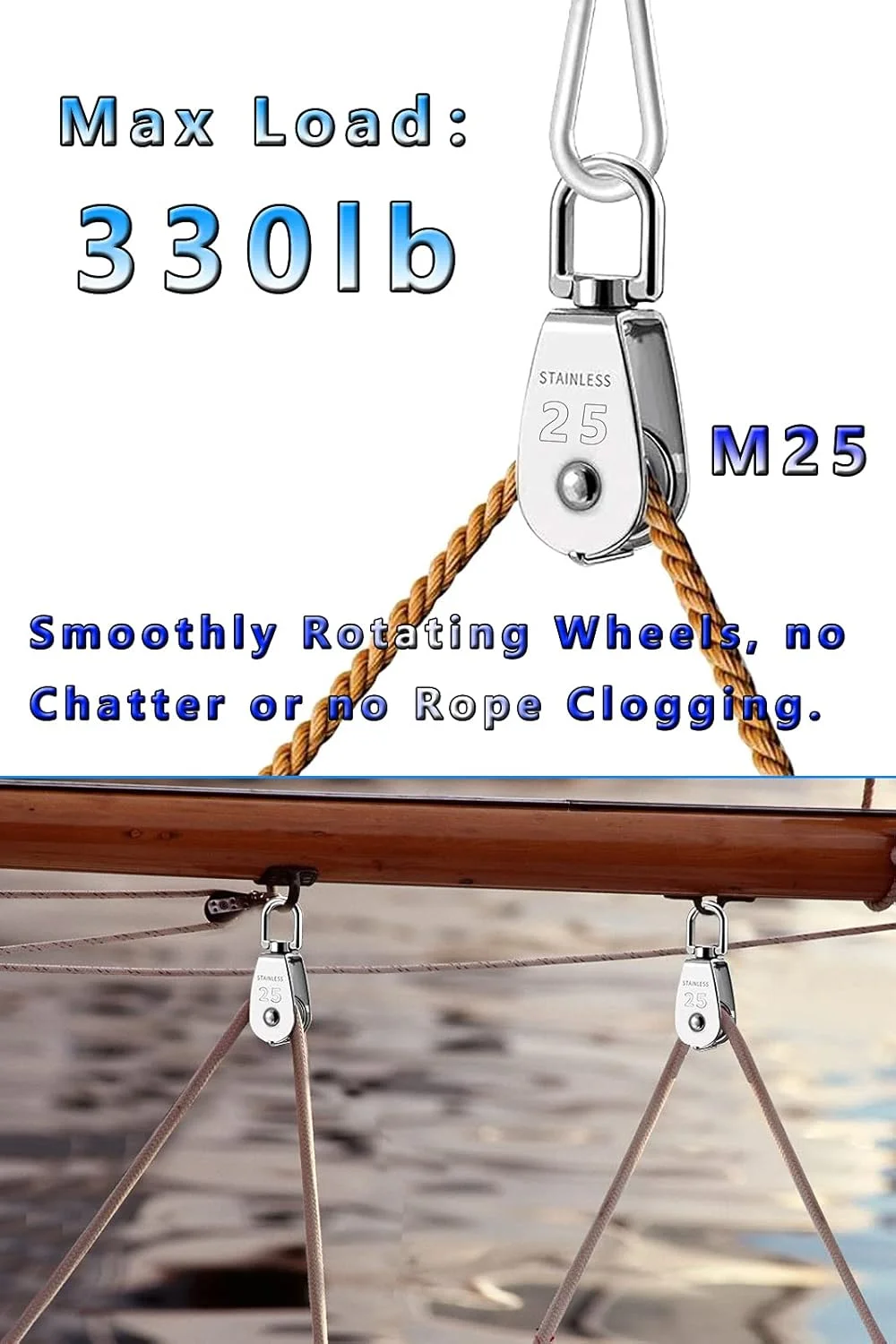 بلوک قرقره تکی Lsqurel، قرقره جرثقیل استیل ضد زنگ 304، چرخ قرقره برای بلند کردن، بالابر نردبان، تجهیزات بدنسازی، بالابر فروشگاهی (M25 بسته 6 عددی)