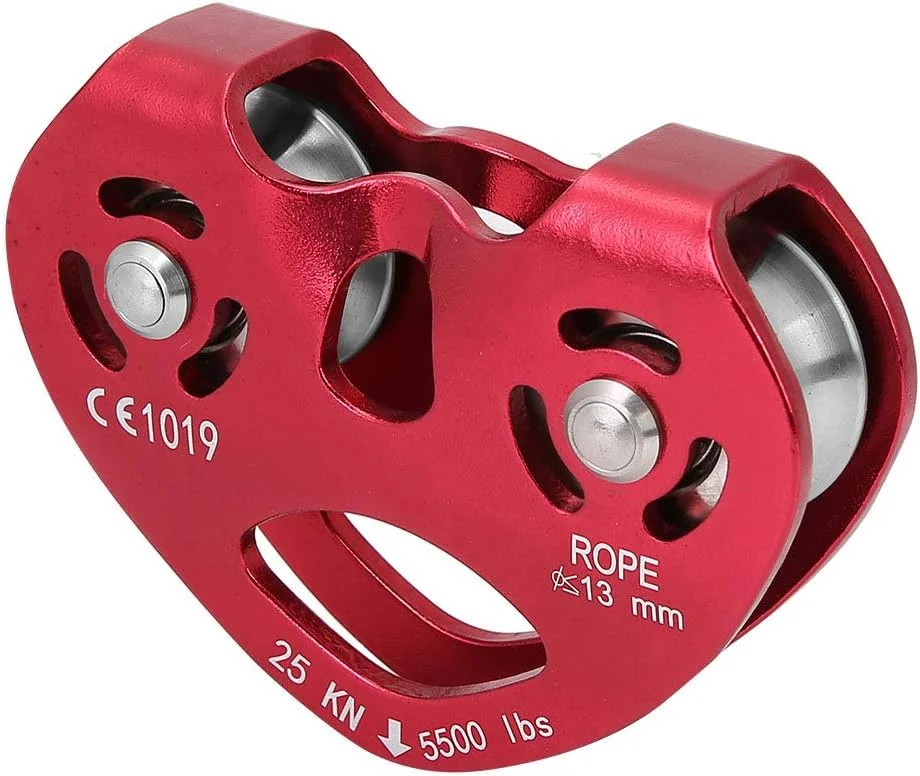 قرقره تک چرخشی سنگین وظیفه آلیاژ آلومینیوم KOSDFOGE 25KN، تجهیزات ایمنی کوهنوردی، برای زیپ لاین حیاط خلوت، کوهنوردی و نجات صخره نوردی (قرمز)