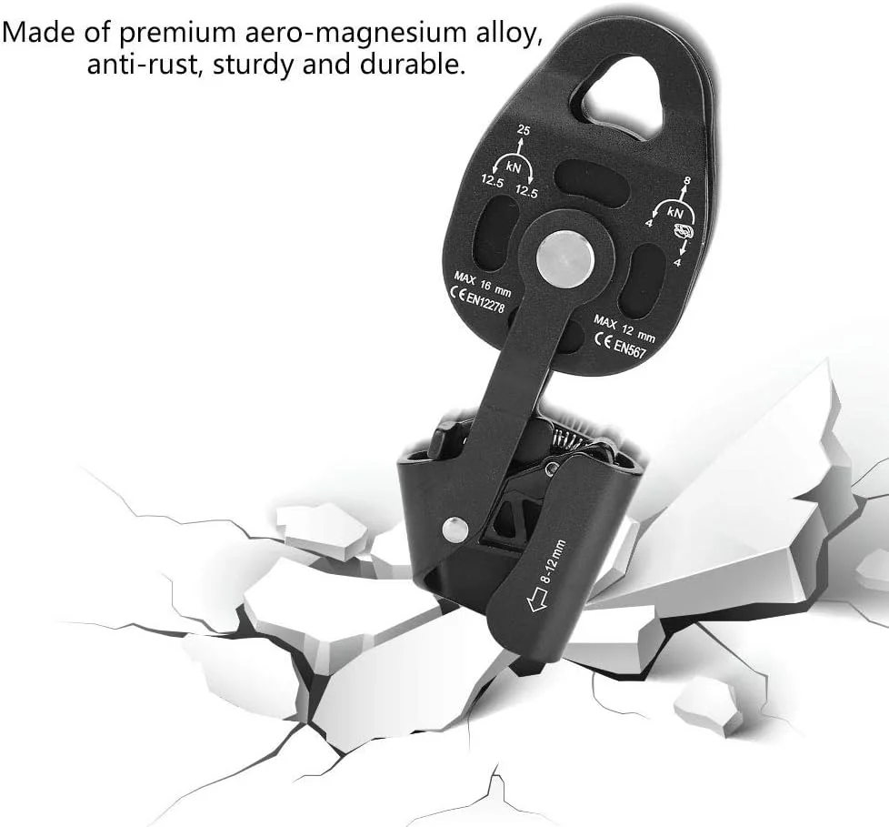 قرقره تکی Keenso، قرقره طناب با چرخ غلتکی مقاوم با ظرفیت باربری 25KN با دندانه های ضد لغزش برای نجات در ارتفاعات بالا و بالابر در فضای باز