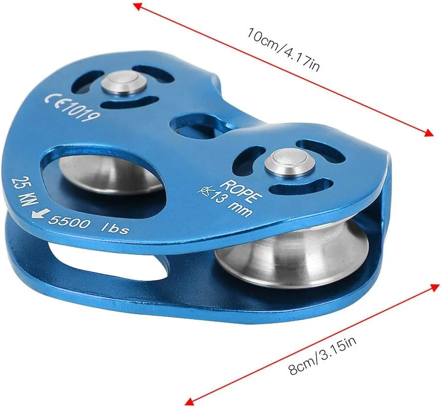 قرقره طناب تک چرخشی سنگین وظیفه KOSDFOGE 25KN آلیاژ آلومینیوم، تجهیزات ایمنی کوهنوردی، برای زیپ لاین حیاط خلوت، کوهنوردی و نجات صخره نوردی (آبی)