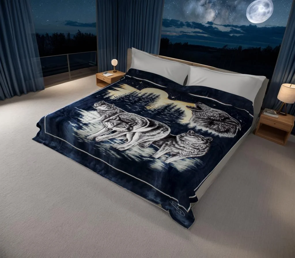 پتو سولارون کره‌ای فوق‌العاده ضخیم، سنگین وزن، ابریشمی نرم، بادوام و دو رو، مناسب تختخواب، لحاف، روتختی، ملحفه، لحاف (Queen, 119 Wolf Blue)