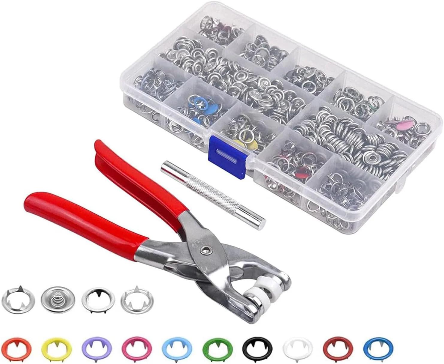 کیت ابزار و دکمه پرچ فلزی 100 عددی AJIODA برای خیاطی و صنایع دستی، 10 رنگ، 9.5 میلی‌متر، مناسب برای لباس، چرم، شلوار جین و کیف