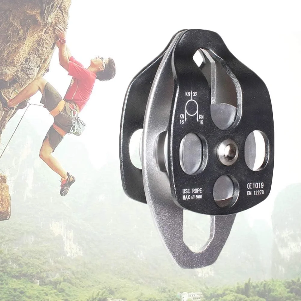 قرقره زیپ لاین صعود دوگانه 32KN آلیاژ آلومینیوم سنگین وظیفه قرقره طناب گردان تکی تجهیزات ایمنی صعود برای کوهنوردی، 150x80mm