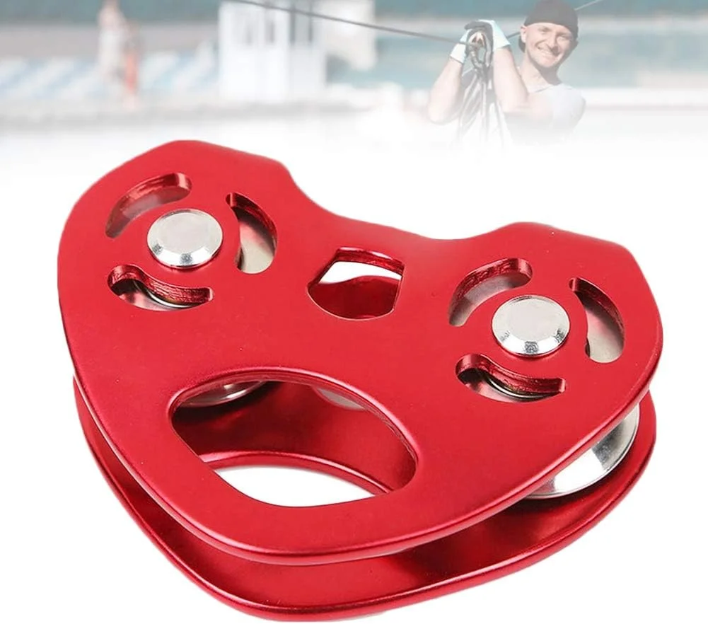 قرقره دوبل کوهنوردی طرح قلب، دستگاه طناب فولادی، ترولی زیپ لاین سرعت بالا 25KN برای کوهنوردی، بالابر، غارنوردی، نجات، کار در ارتفاع، اجسام سنگین، 106x80mm