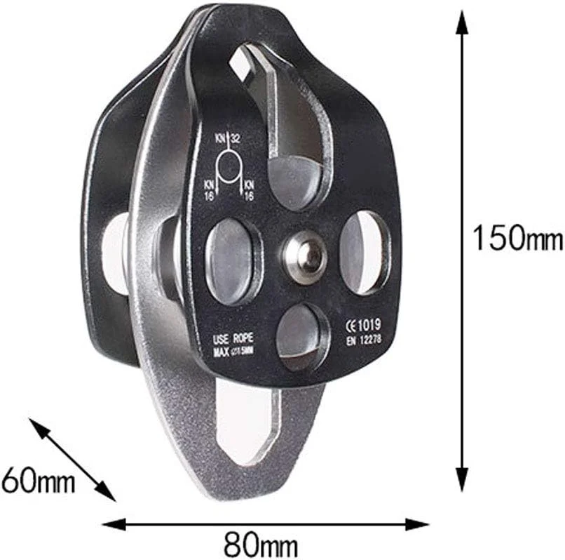 قرقره زیپ لاین صعود دوگانه 32KN آلیاژ آلومینیوم سنگین وظیفه قرقره طناب گردان تکی تجهیزات ایمنی صعود برای کوهنوردی، 150x80mm
