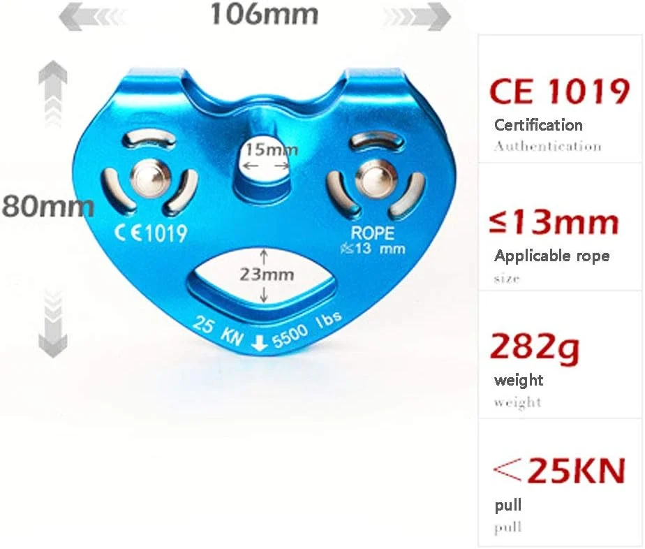 قرقره دوبل کوهنوردی طرح قلب، دستگاه طناب فولادی، ترولی زیپ لاین سرعت بالا 25KN برای کوهنوردی، بالابر، غارنوردی، نجات، کار در ارتفاع، اجسام سنگین، 106x80mm