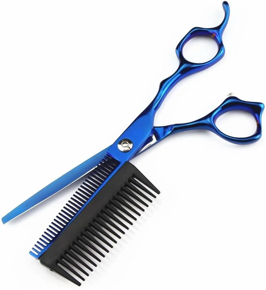 قیچی آرایشگری مو، قیچی موی آبی 2 در 1 فولاد JP440c حرفه ای 6 اینچی به همراه شانه، قیچی اصلاح مو، قیچی آرایشگری، قیچی پیتاژ