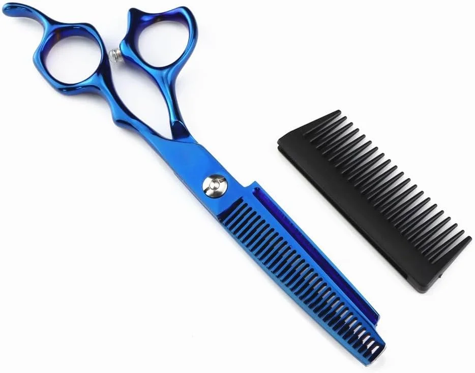 قیچی آرایشگری مو، قیچی موی آبی 2 در 1 فولاد JP440c حرفه ای 6 اینچی به همراه شانه، قیچی اصلاح مو، قیچی آرایشگری، قیچی پیتاژ