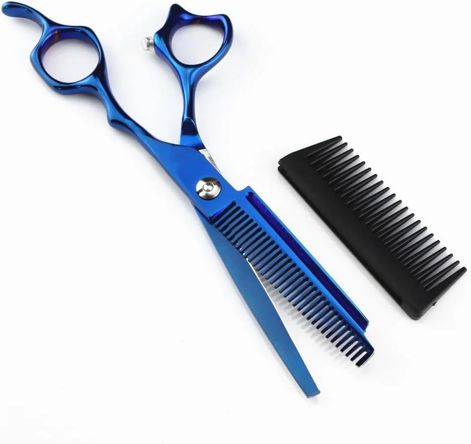 قیچی آرایشگری مو، قیچی موی آبی 2 در 1 فولاد JP440c حرفه ای 6 اینچی به همراه شانه، قیچی اصلاح مو، قیچی آرایشگری، قیچی پیتاژ