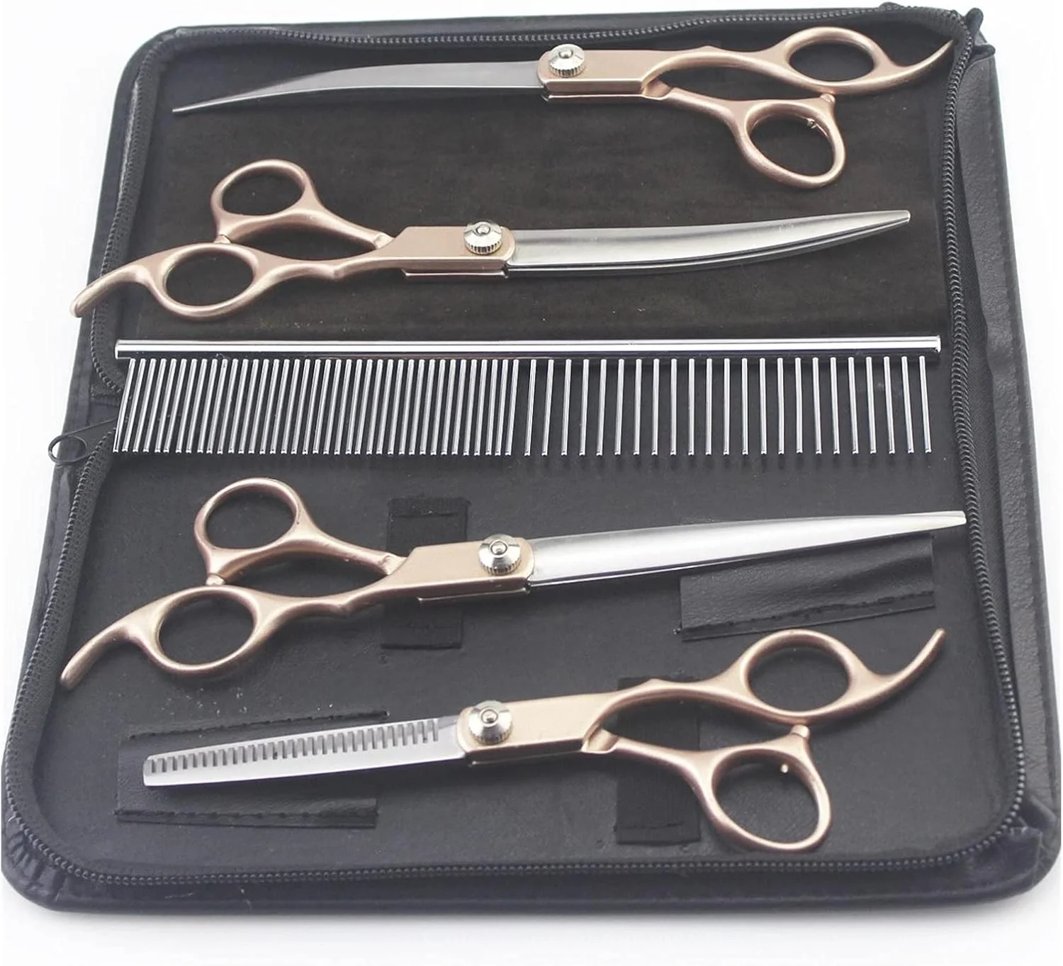 ست قیچی آرایشگری سگ حرفه ای JHQWIDD با دسته طلایی 7 اینچی، شامل قیچی های خمیده، ابزار آرایشگر حیوانات خانگی برای مردان، زنان، حیوانات خانگی، آرایشگاه خانگی (قیچی پیتاژ) ست قیچی آرایشگری سگ حرفه ای JHQWIDD با دسته طلایی 7 اینچی، شامل قیچی های خمیده، ابزار آرایشگر حیوانات خانگی برای مردان، زنان، حیوانات خانگی، آرایشگاه خانگی (قیچی پیتاژ)