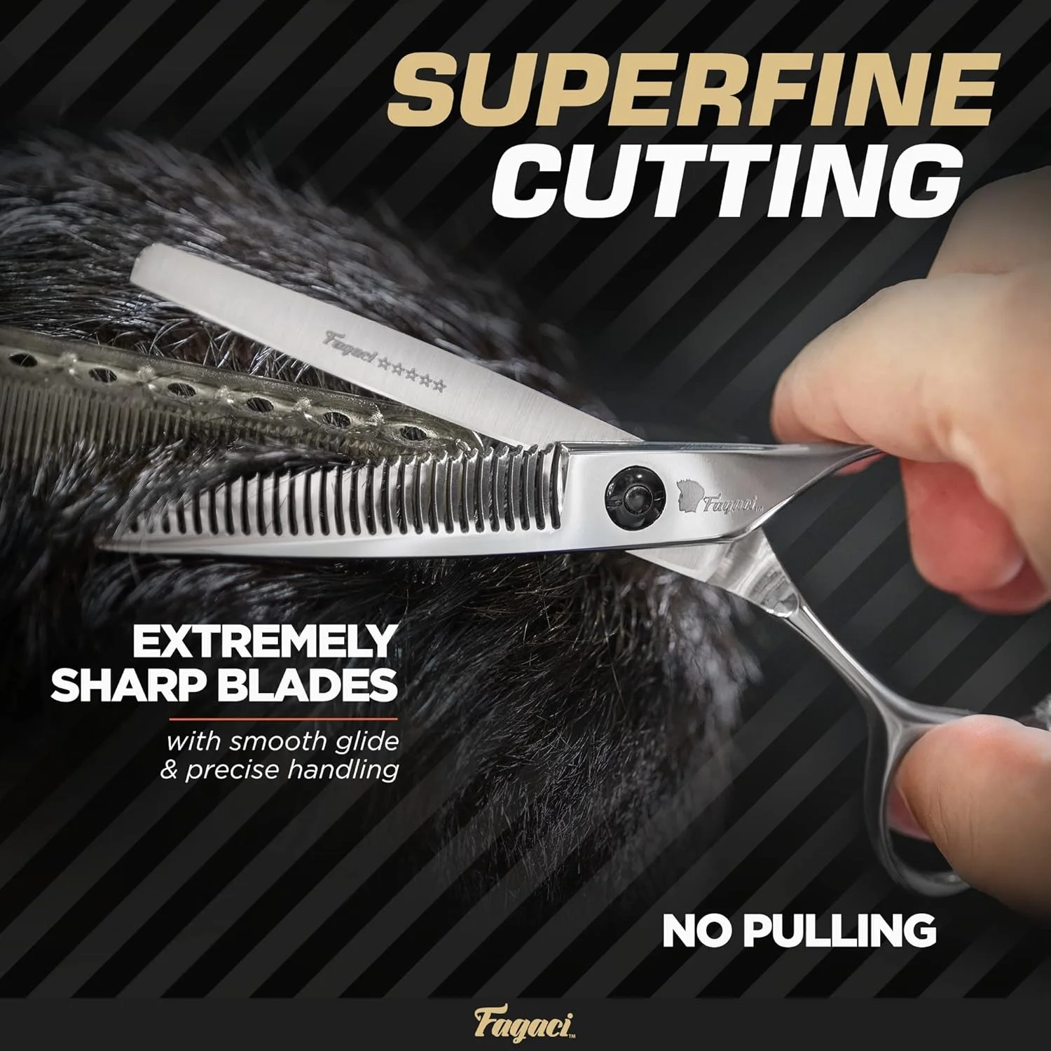 قیچی پیتاژ فاگاسی 6 اینچی با تیغه های بسیار تیز، قیچی پیتاژ موی حرفه ای، بادوام، حرکت روان و برش ظریف، قیچی پیتاژ به همراه غلاف، چرم تمیز کننده، آچار و حلقه