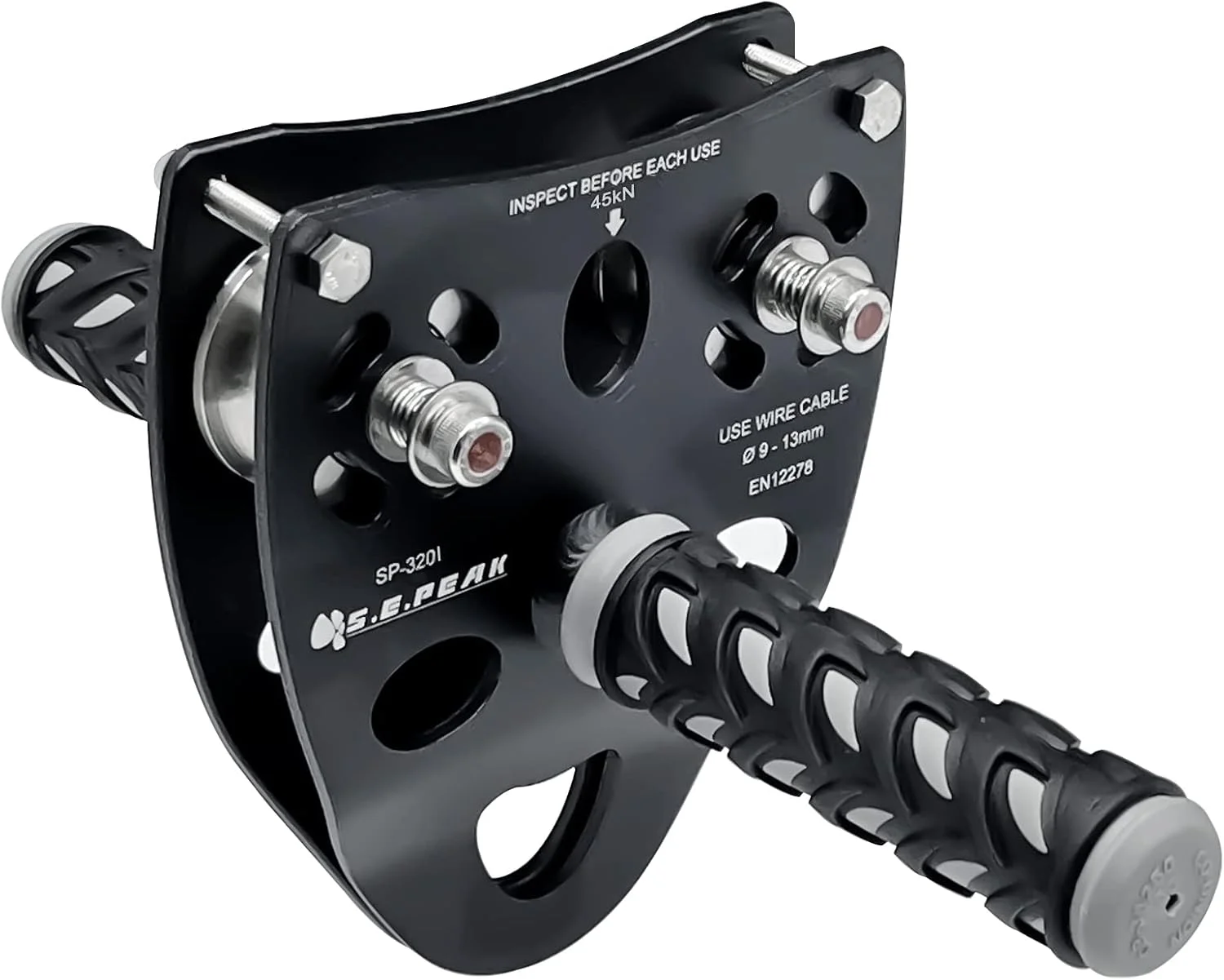 قرقره دوبل تندم S.E.PEAK با ظرفیت 45 کیلو نیوتن، ترولی زیپ لاین آلیاژ فولاد کششی بالا دارای گواهینامه CE با دسته برای زیپ لاین حیاط خلوت، مناسب برای کابل Φ9~13 میلی متر / تحمل وزن تا 4500 کیلوگرم، تجهیزات زمین بازی در فضای باز