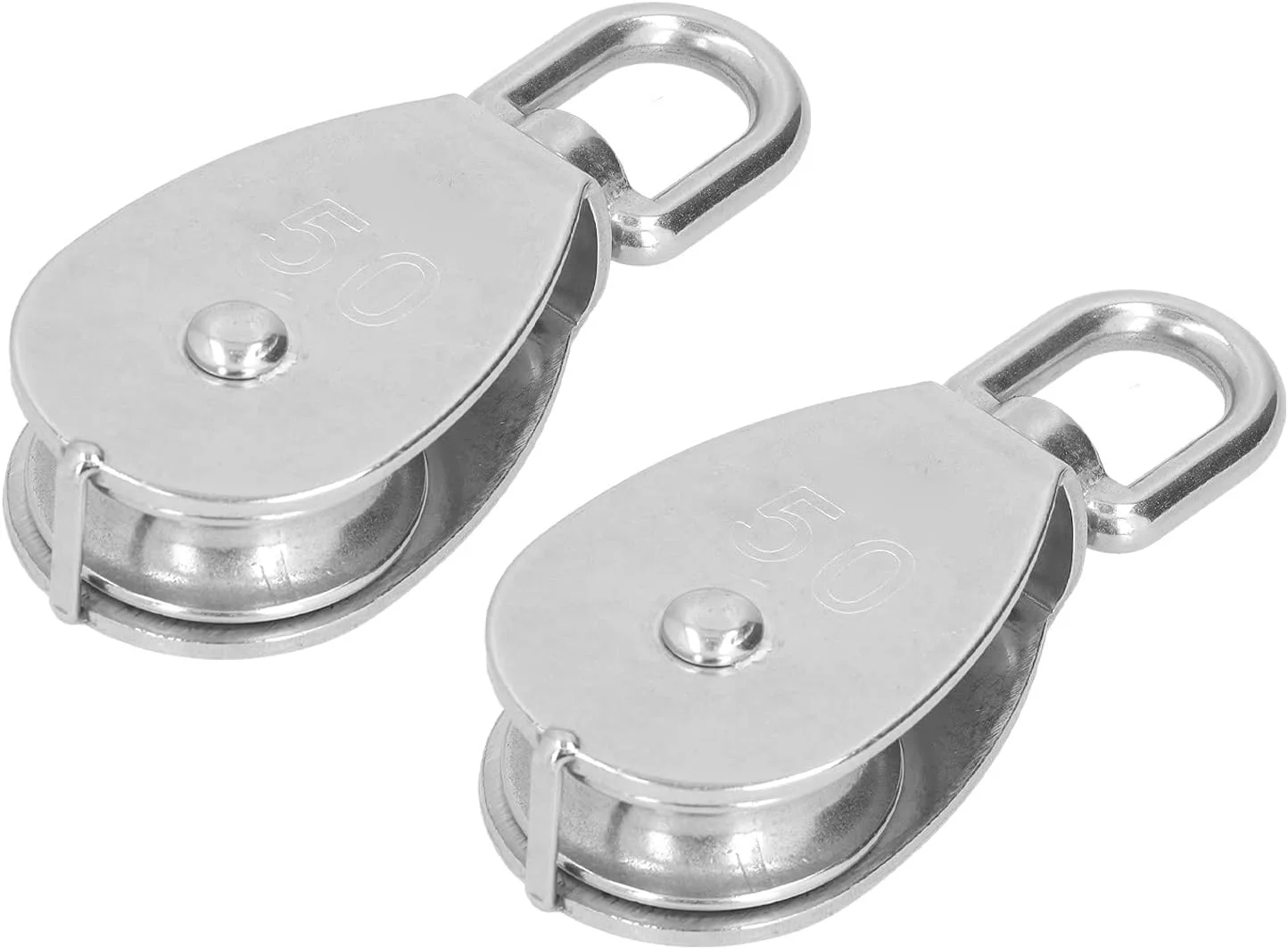 دو عدد قرقره تکی، قلاب طناب سیمی فولاد ضد زنگ به فلکه کششی، مورد استفاده به عنوان قرقره ثابت و بالابر برای کشش طناب سیمی