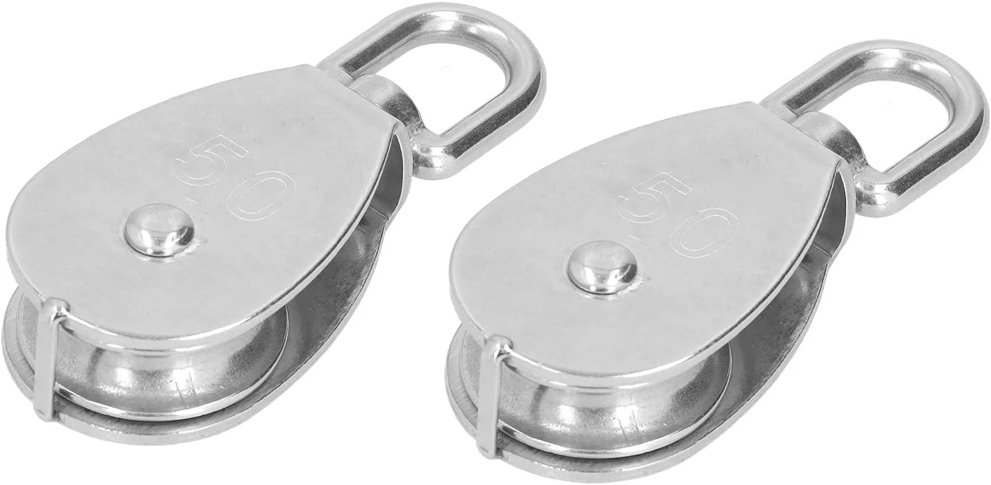 دو عدد قرقره تکی، قلاب طناب سیمی فولاد ضد زنگ به فلکه کششی، مورد استفاده به عنوان قرقره ثابت و بالابر برای کشش طناب سیمی دو عدد قرقره تکی، قلاب طناب سیمی فولاد ضد زنگ به فلکه کششی، مورد استفاده به عنوان قرقره ثابت و بالابر برای کشش طناب سیمی