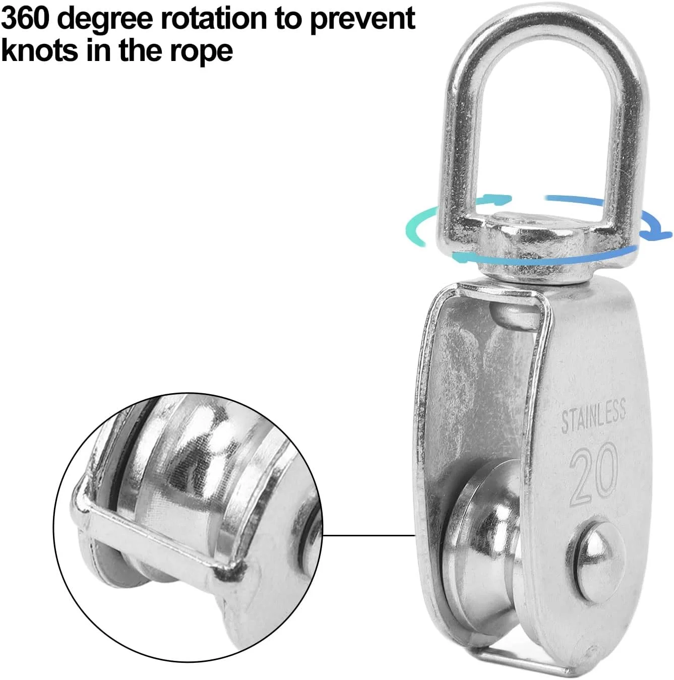 بلوک قرقره، غلتک قرقره، قرقره کابل بالابر، مجموعه 3 عددی بلوک قرقره تکی نوع U مدل M20، چرخ تریلر سیم آویز استیل ضد زنگ چرخان 360 درجه با بالابر