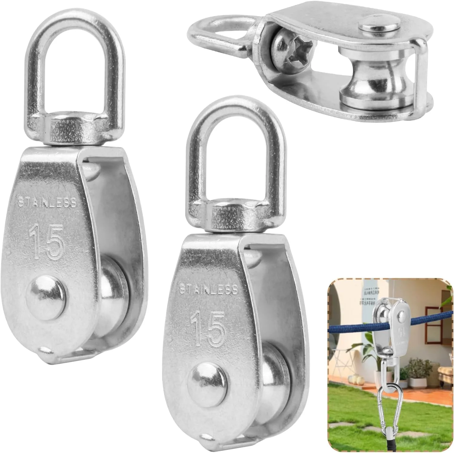 بسته 3 عددی قرقره طناب، قرقره کوچک، قرقره استیل ضد زنگ، قرقره غلتکی M15، مجموعه تکی، قرقره کابل فولادی برای طناب های 3-8 میلی متری برای استفاده در داخل و خارج از منزل، ظرفیت بار