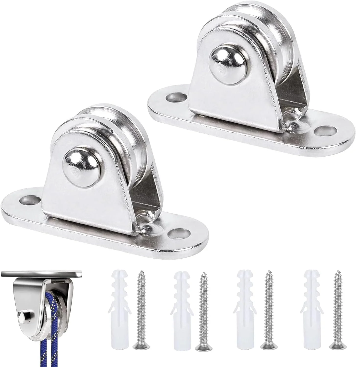 قرقره فلزی، قرقره بلوک ایستاده، قرقره با بلبرینگ دوبلکس، به همراه 4 پیچ و 4 آستین پلاستیکی سفید، قرقره طناب با بلبرینگ، قرقره بلوک ایستاده برای طناب، بسته 2 عددی، بسته 2 عددی