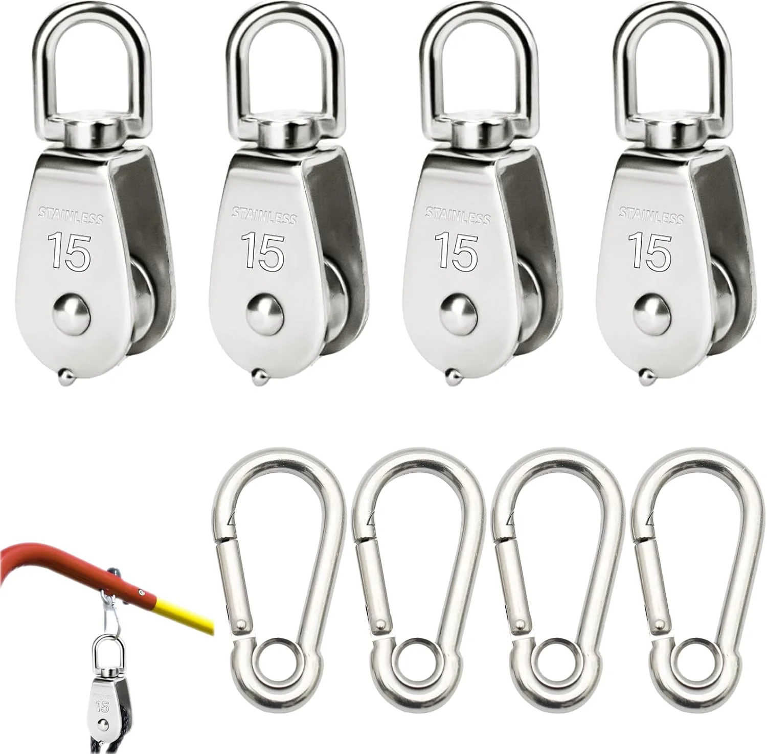 بسته 8 تایی قرقره برای طناب، 4 عدد قرقره M15، 4 عدد کارابین M4، قرقره، قرقره برای طناب، قرقره استیل ضد زنگ، ظرفیت بار 150 کیلوگرم، برای سایبان خورشیدی، تناسب اندام