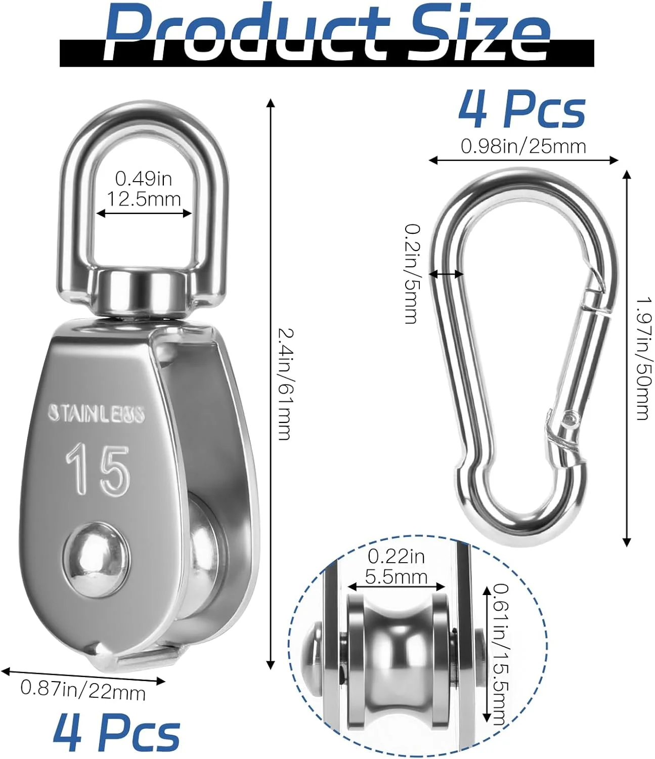 بسته 4 تایی قرقره M15 به همراه 4 عدد کارابین M5، قرقره استیل ضد زنگ 304، قرقره با ظرفیت بارگیری 35 کیلوگرم برای طناب ها، قرقره برای بلند کردن اجسام، کار در ارتفاع، ورزش های فضای باز بسته 4 تایی قرقره M15 به همراه 4 عدد کارابین M5، قرقره استیل ضد زنگ 304، قرقره با ظرفیت بارگیری 35 کیلوگرم برای طناب ها، قرقره برای بلند کردن اجسام، کار در ارتفاع، ورزش های فضای باز