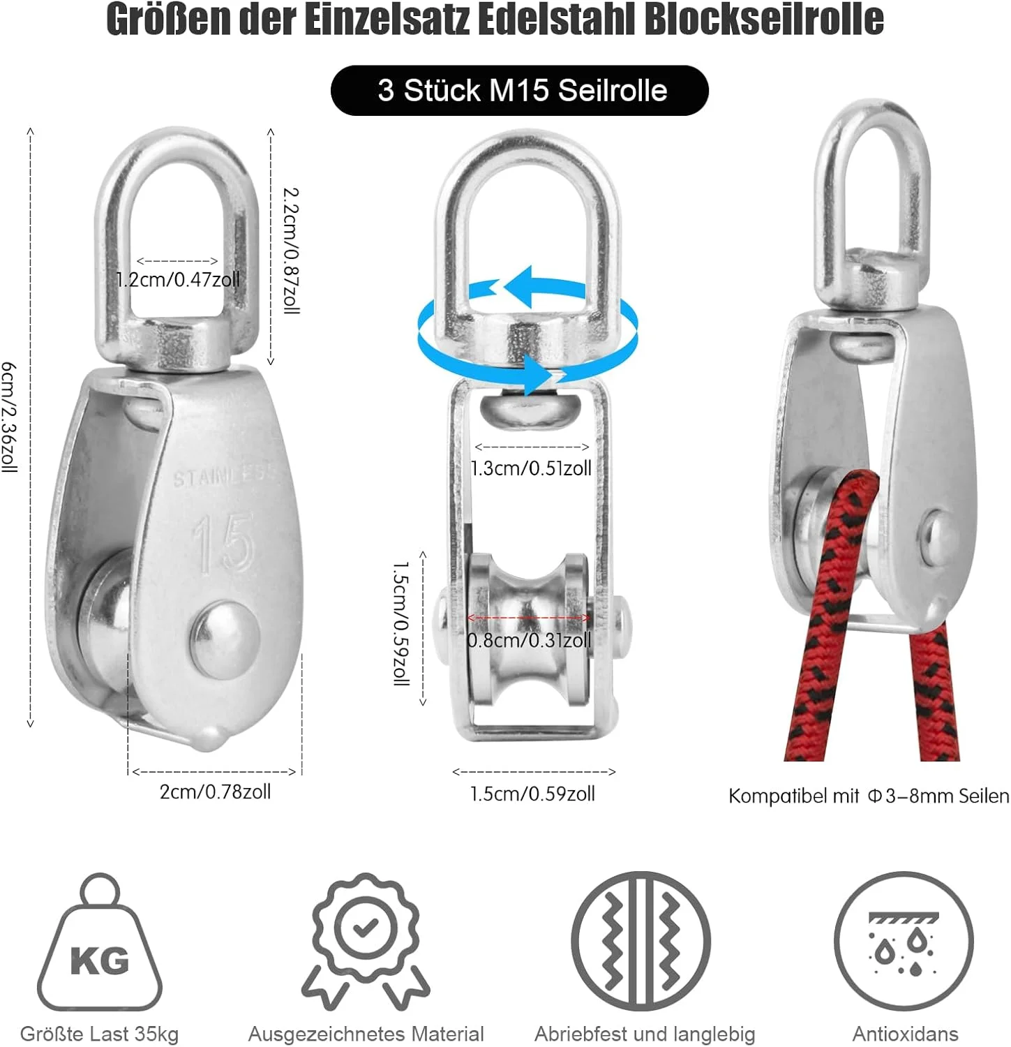 بسته 3 عددی قرقره طناب، قرقره کوچک، قرقره استیل ضد زنگ، قرقره غلتکی M15، مجموعه تکی، قرقره کابل فولادی برای طناب های 3-8 میلی متری برای استفاده در داخل و خارج از منزل، ظرفیت بار بسته 3 عددی قرقره طناب، قرقره کوچک، قرقره استیل ضد زنگ، قرقره غلتکی M15، مجموعه تکی، قرقره کابل فولادی برای طناب های 3-8 میلی متری برای استفاده در داخل و خارج از منزل، ظرفیت بار
