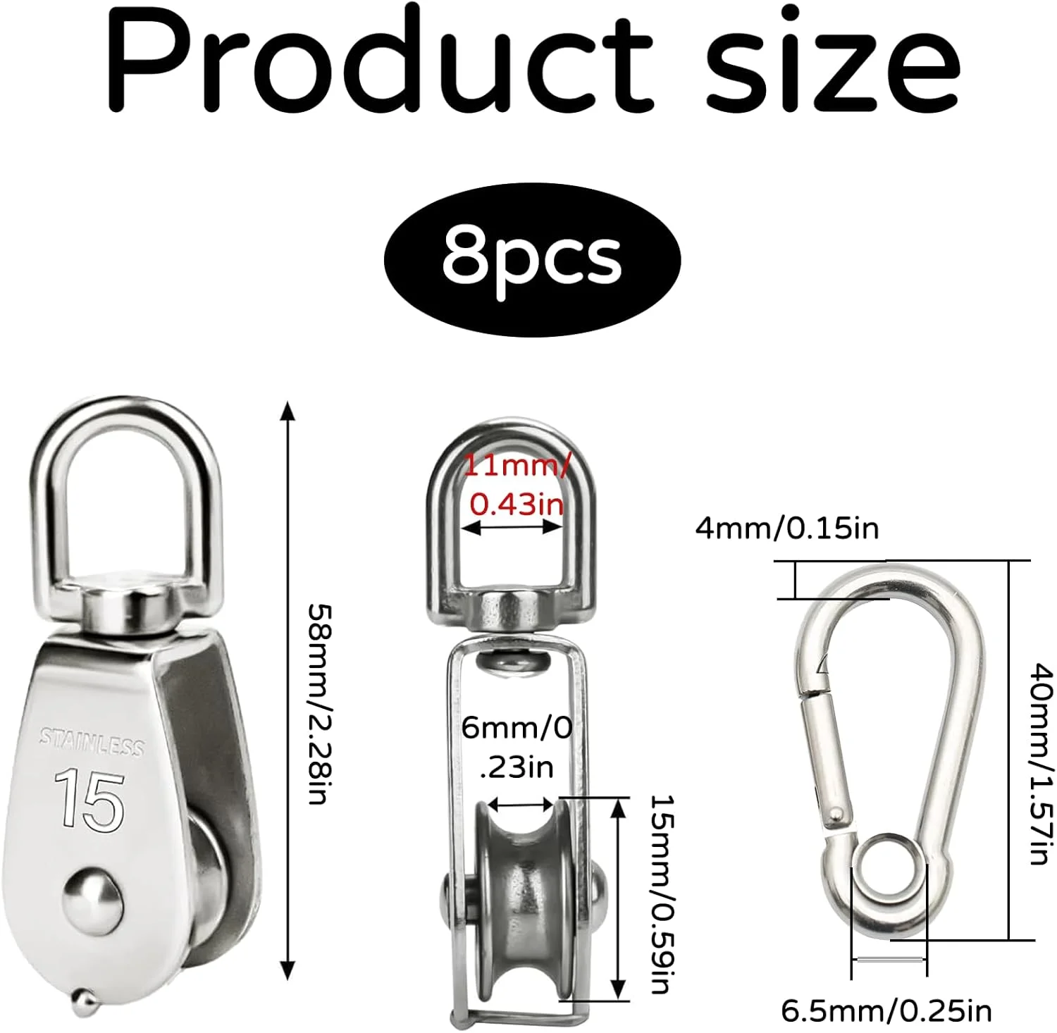 بسته 8 تایی قرقره برای طناب، 4 عدد قرقره M15، 4 عدد کارابین M4، قرقره، قرقره برای طناب، قرقره استیل ضد زنگ، ظرفیت بار 150 کیلوگرم، برای سایبان خورشیدی، تناسب اندام بسته 8 تایی قرقره برای طناب، 4 عدد قرقره M15، 4 عدد کارابین M4، قرقره، قرقره برای طناب، قرقره استیل ضد زنگ، ظرفیت بار 150 کیلوگرم، برای سایبان خورشیدی، تناسب اندام