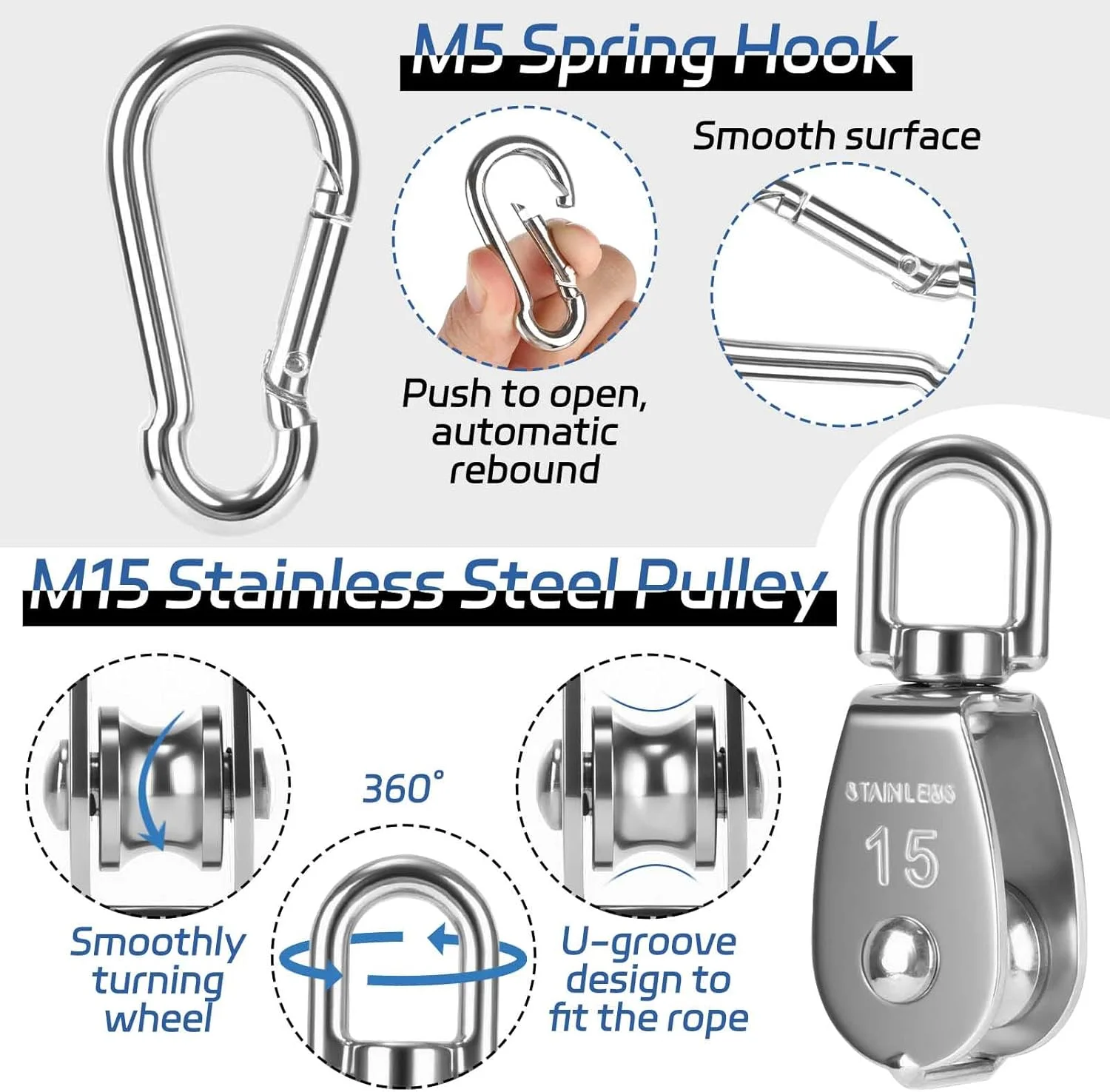 بسته 4 تایی قرقره M15 به همراه 4 عدد کارابین M5، قرقره استیل ضد زنگ 304، قرقره با ظرفیت بارگیری 35 کیلوگرم برای طناب ها، قرقره برای بلند کردن اجسام، کار در ارتفاع، ورزش های فضای باز بسته 4 تایی قرقره M15 به همراه 4 عدد کارابین M5، قرقره استیل ضد زنگ 304، قرقره با ظرفیت بارگیری 35 کیلوگرم برای طناب ها، قرقره برای بلند کردن اجسام، کار در ارتفاع، ورزش های فضای باز