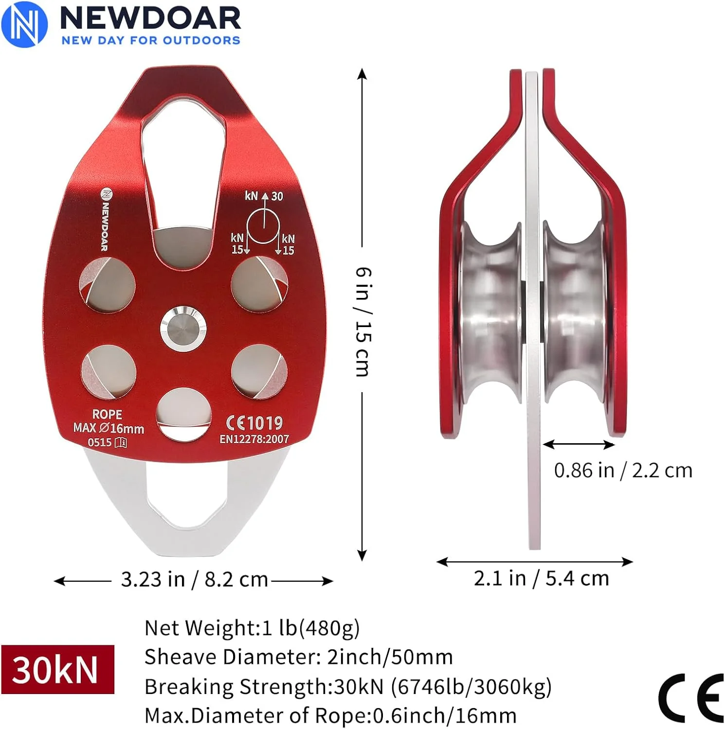قرقره نجات بزرگ نیودور با گواهینامه CE 30 KN، دو شیار با صفحه چرخشی برای کوهنوردی در فضای باز، صخره نوردی، نجات (قرمز 2 عدد)