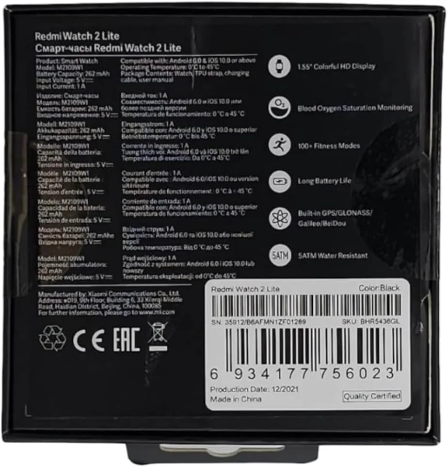 ساعت هوشمند Redmi Watch 2 Lite شیائومی - صفحه لمسی 1.55 اینچی، مقاومت در برابر آب 5ATM، باتری با عمر 10 روز، GPS، بیش از 100 حالت ورزشی، شمارش گام، پایش خواب، پایش ضربان قلب، ردیاب فعالیت های تناسب اندام [نسخه رسمی انگلستان]