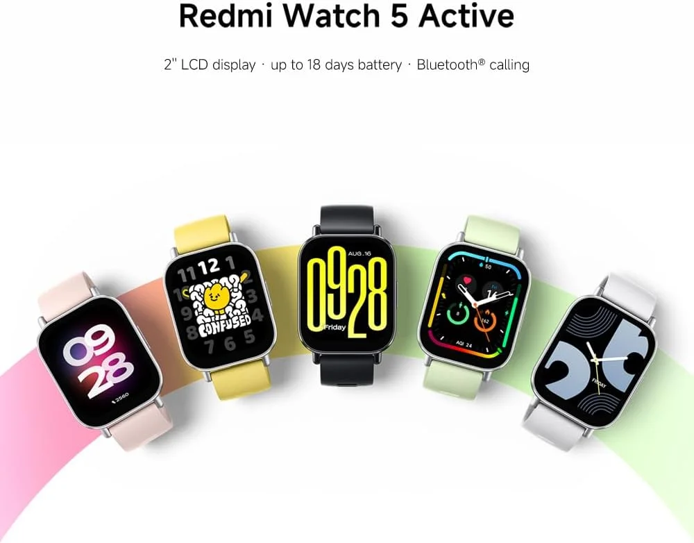 ساعت هوشمند شیائومی Redmi Watch 5 Active مشکی نیمه شب | صفحه نمایش 2.0 اینچی LCD، عمر باتری طولانی، تماس بلوتوثی، کاهش نویز، ردیابی سلامت، ضد آب 5ATM، عمر باتری 18 روزه