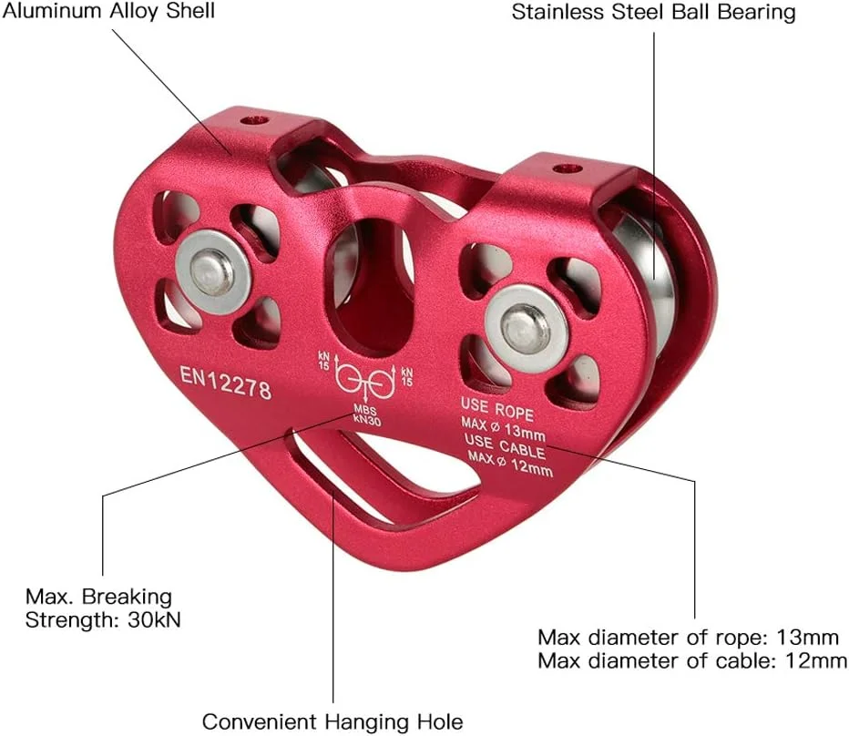 قرقره ترولی کابل 30kN Rokie، قرقره دوبل به همراه کارابین قفل پیچی 25kN برای صخره نوردی، غارنوردی، کار در ارتفاع و نجات