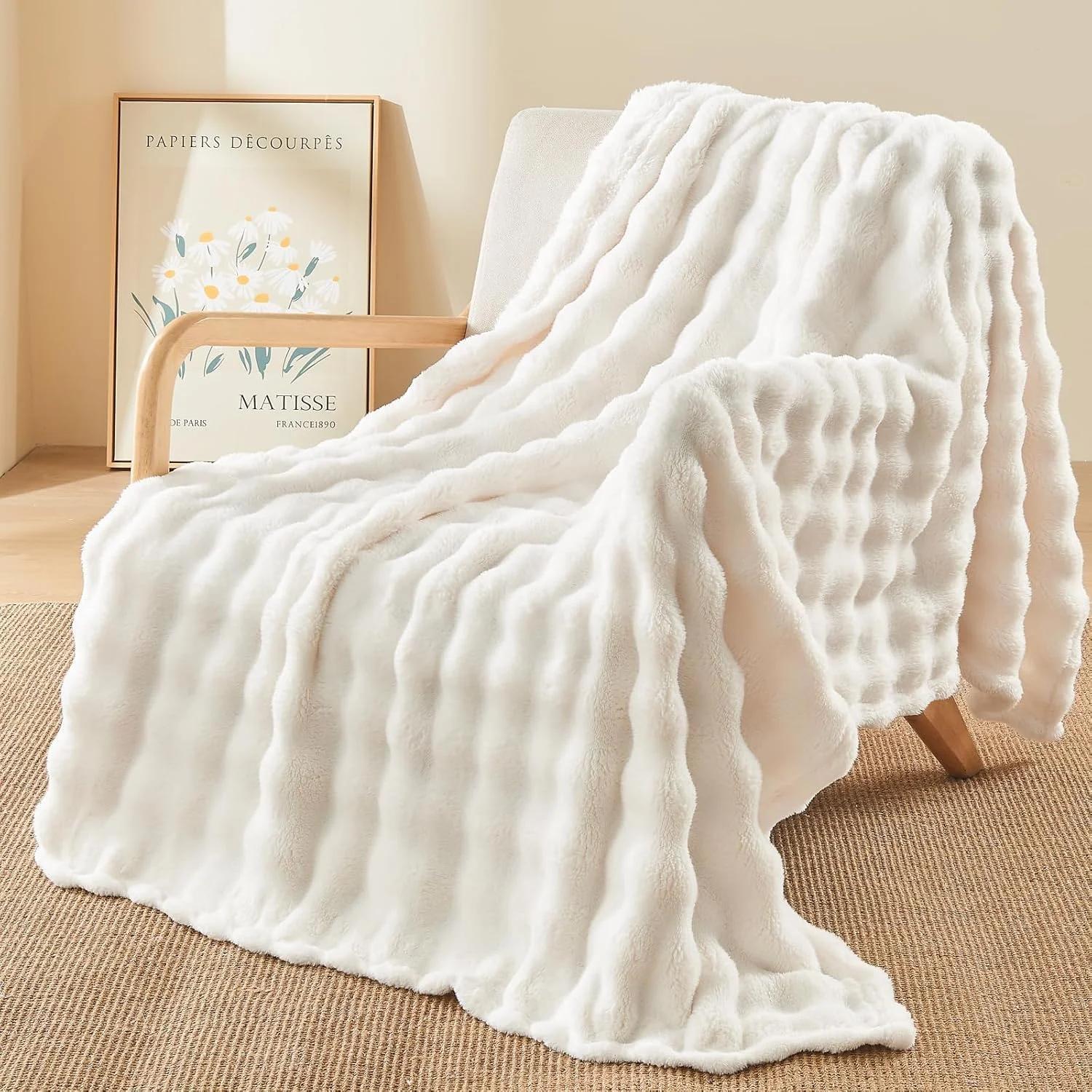 پتوی نرم و لطیف تاپ چنسز، مخمل شیری، پتوی پشمی، پتوی فوق العاده نرم، ضخیم، 450 گرم بر متر مربع، پتوی حبابی فلانل برای مبل، روتختی گرم، پتوی مبل، پتوی چند منظوره برای تخت، کاناپه، کرم، 100x