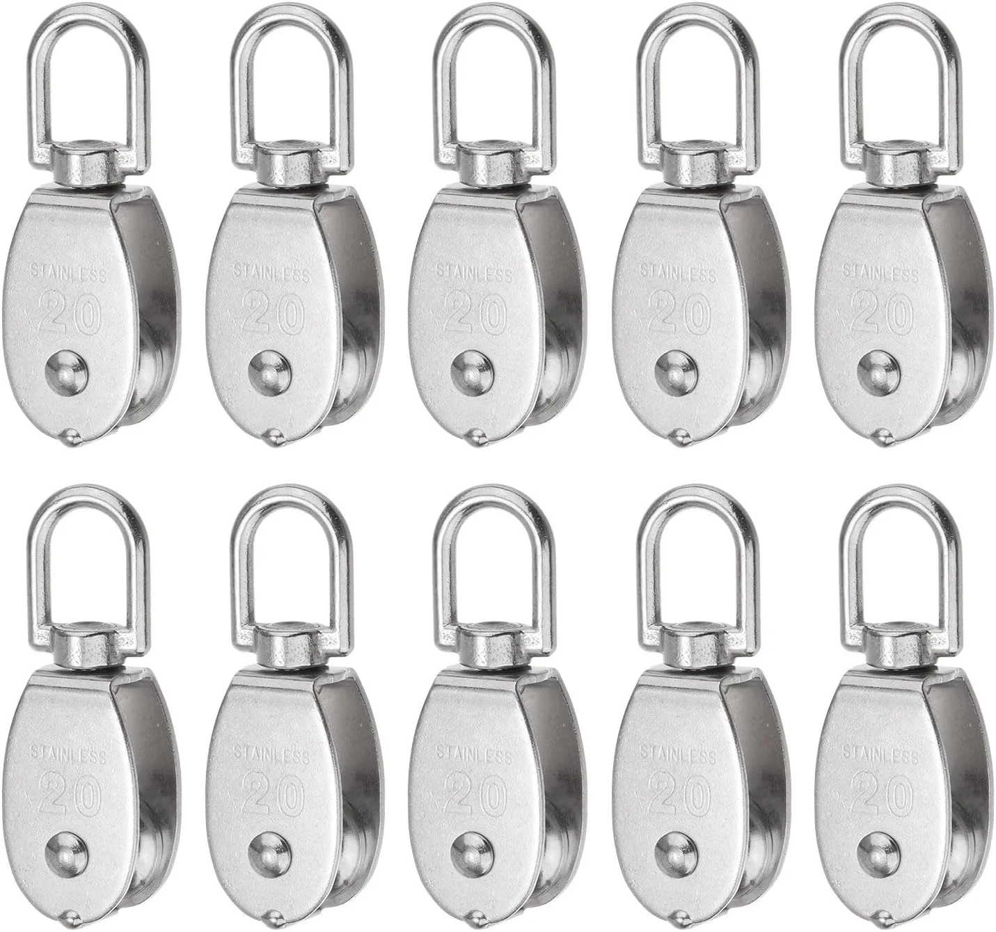 sourcing map 10pcs M20 Single Pulley Block, 304 Stainless Steel Hanging Wire Towing Wheel, Lifting Crane Swivel Hook, Rope Cable Pulley Roller