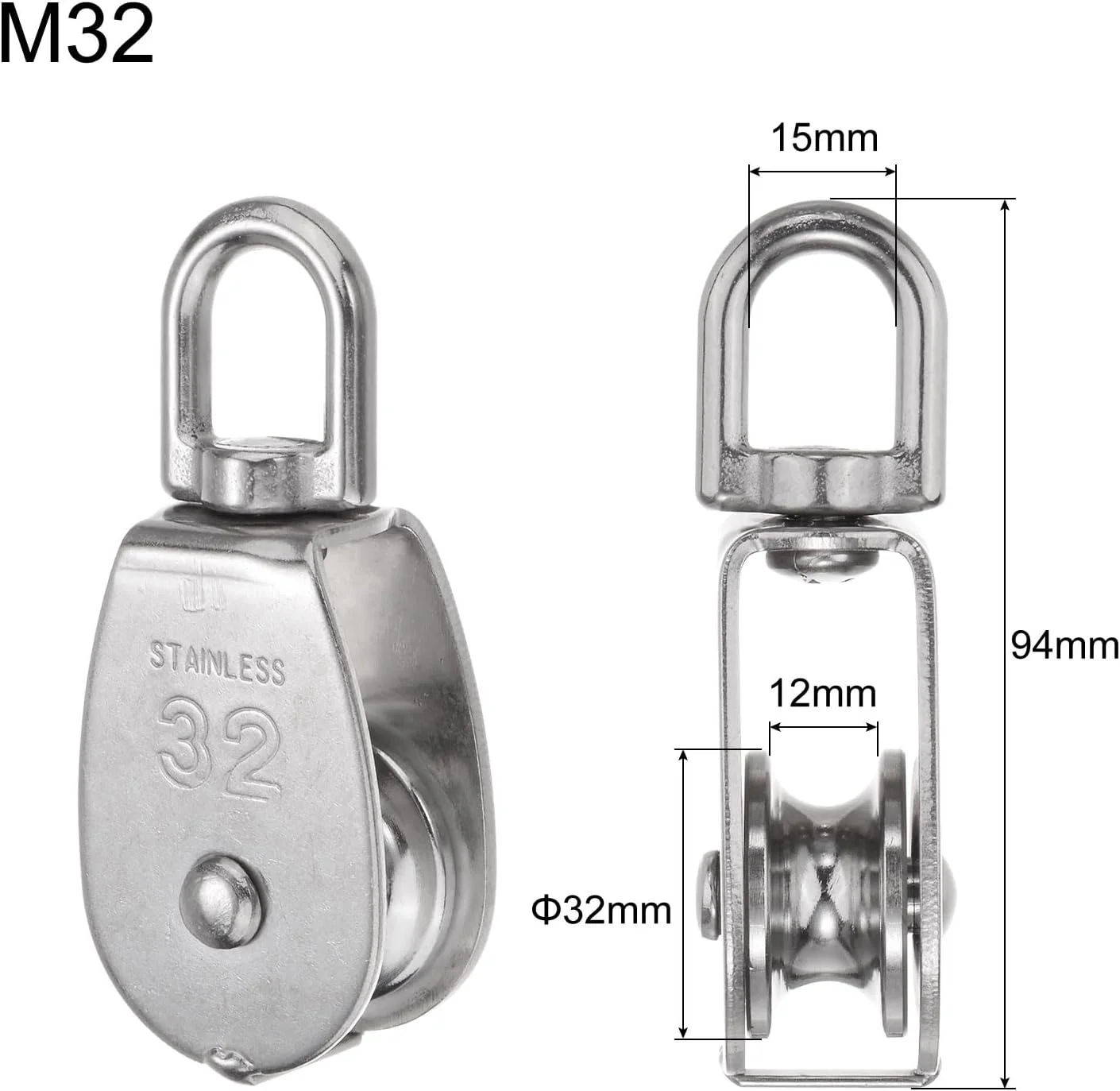 سورسینگ مپ 4 عدد قرقره تکی M32، چرخ بکسل سیم بکسل آویز فولاد ضد زنگ 304، قلاب گردان جرثقیل بالابر، غلتک قرقره کابل طناب