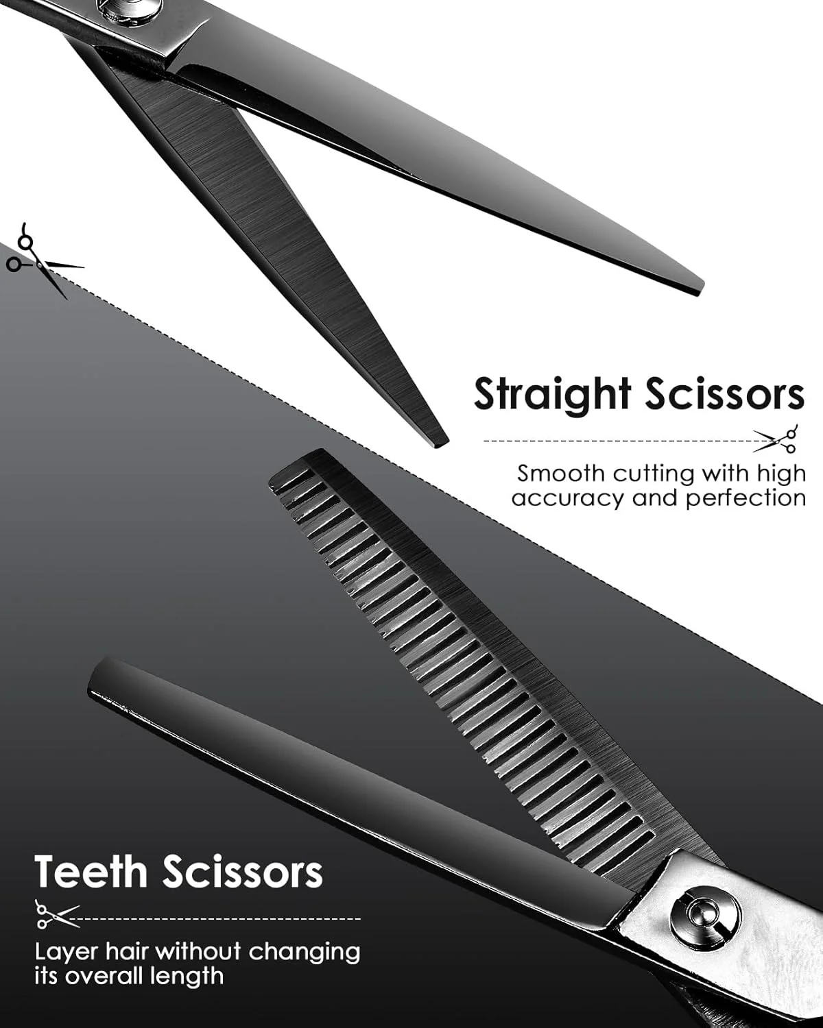 ست قیچی آرایشگری Lictin شامل قیچی کوتاهی مو و قیچی پیتاژ، سایز 6.0 اینچ + جعبه ارائه/باکس + شانه مشکی + شانه پیتاژ + گیره مو مشکی + تنظیم کننده پیچ ست قیچی آرایشگری Lictin شامل قیچی کوتاهی مو و قیچی پیتاژ، سایز 6.0 اینچ + جعبه ارائه/باکس + شانه مشکی + شانه پیتاژ + گیره مو مشکی + تنظیم کننده پیچ