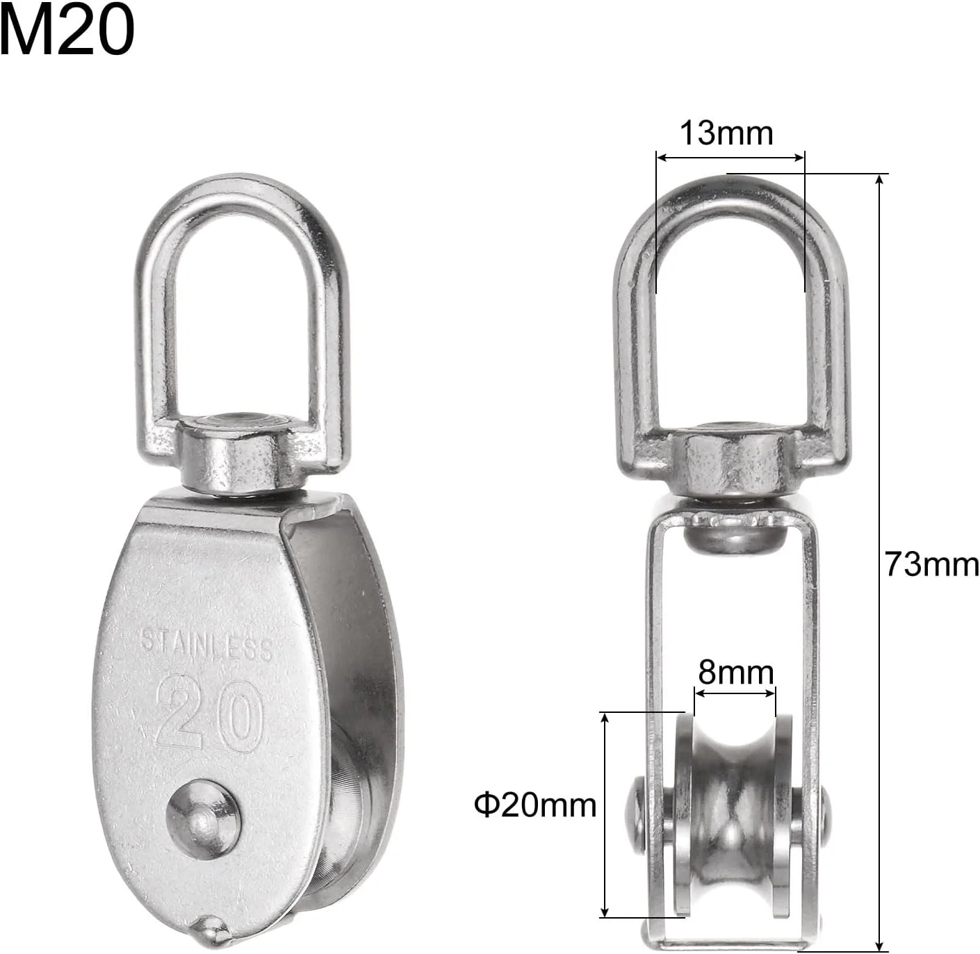 sourcing map 10pcs M20 Single Pulley Block, 304 Stainless Steel Hanging Wire Towing Wheel, Lifting Crane Swivel Hook, Rope Cable Pulley Roller