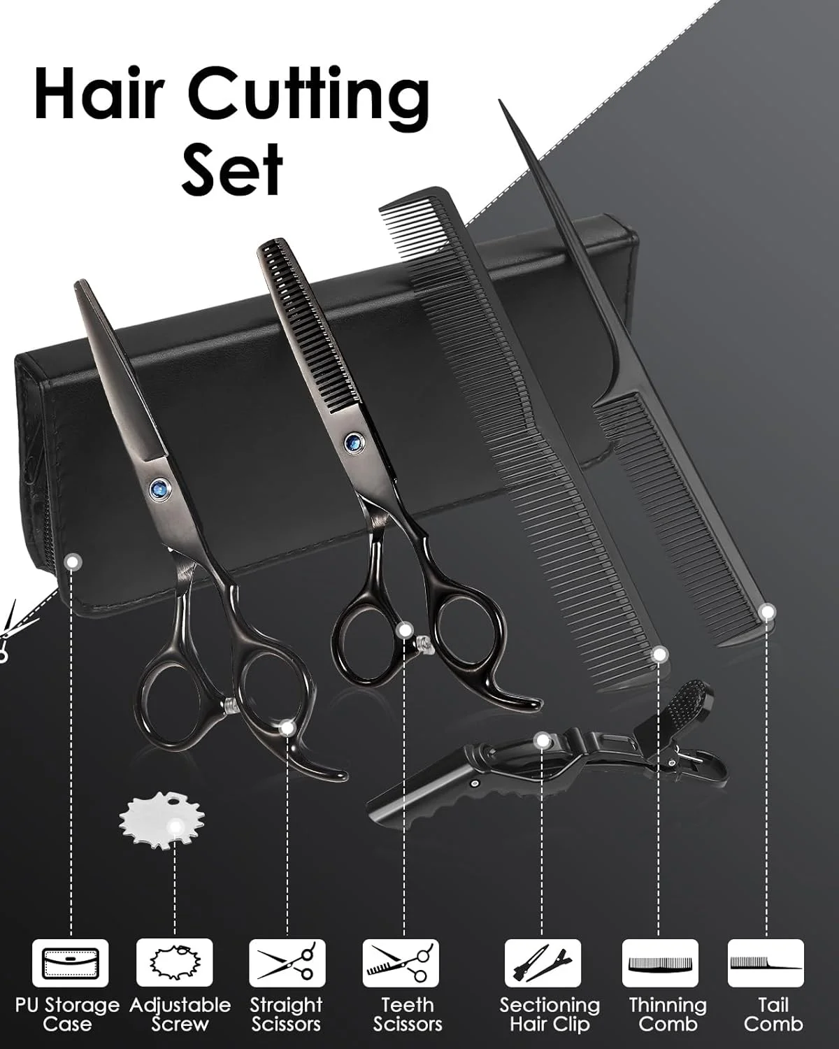 ست قیچی آرایشگری Lictin شامل قیچی کوتاهی مو و قیچی پیتاژ، سایز 6.0 اینچ + جعبه ارائه/باکس + شانه مشکی + شانه پیتاژ + گیره مو مشکی + تنظیم کننده پیچ ست قیچی آرایشگری Lictin شامل قیچی کوتاهی مو و قیچی پیتاژ، سایز 6.0 اینچ + جعبه ارائه/باکس + شانه مشکی + شانه پیتاژ + گیره مو مشکی + تنظیم کننده پیچ