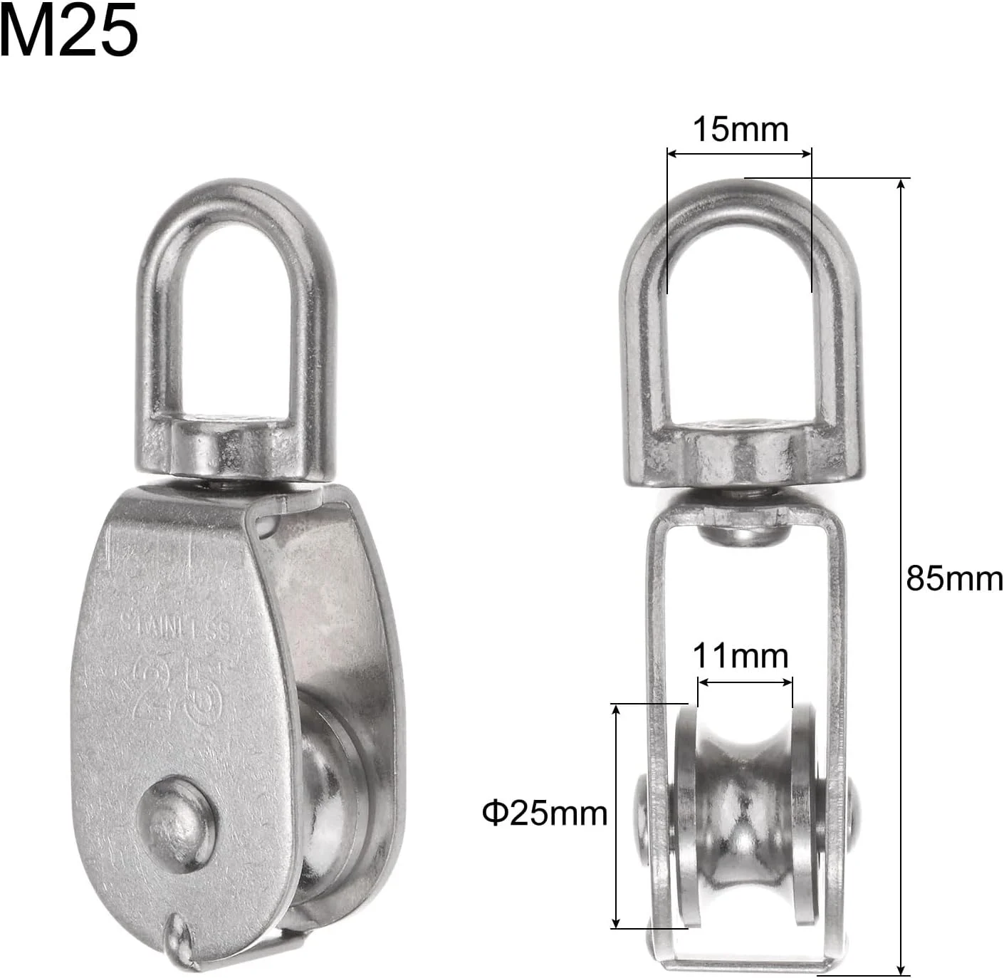 سورسینگ مپ 2 عدد قرقره تکی M25، چرخ بکسل سیم بکسل آویز فولاد ضد زنگ 304، قلاب گردان جرثقیل بالابر، غلتک قرقره کابل طناب