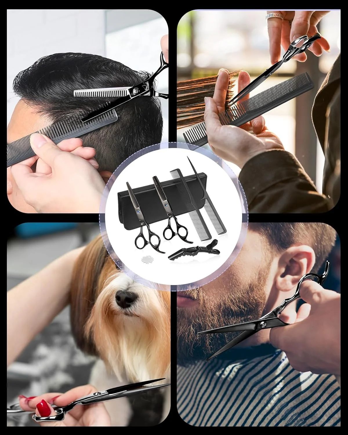 ست قیچی آرایشگری Lictin شامل قیچی کوتاهی مو و قیچی پیتاژ، سایز 6.0 اینچ + جعبه ارائه/باکس + شانه مشکی + شانه پیتاژ + گیره مو مشکی + تنظیم کننده پیچ ست قیچی آرایشگری Lictin شامل قیچی کوتاهی مو و قیچی پیتاژ، سایز 6.0 اینچ + جعبه ارائه/باکس + شانه مشکی + شانه پیتاژ + گیره مو مشکی + تنظیم کننده پیچ