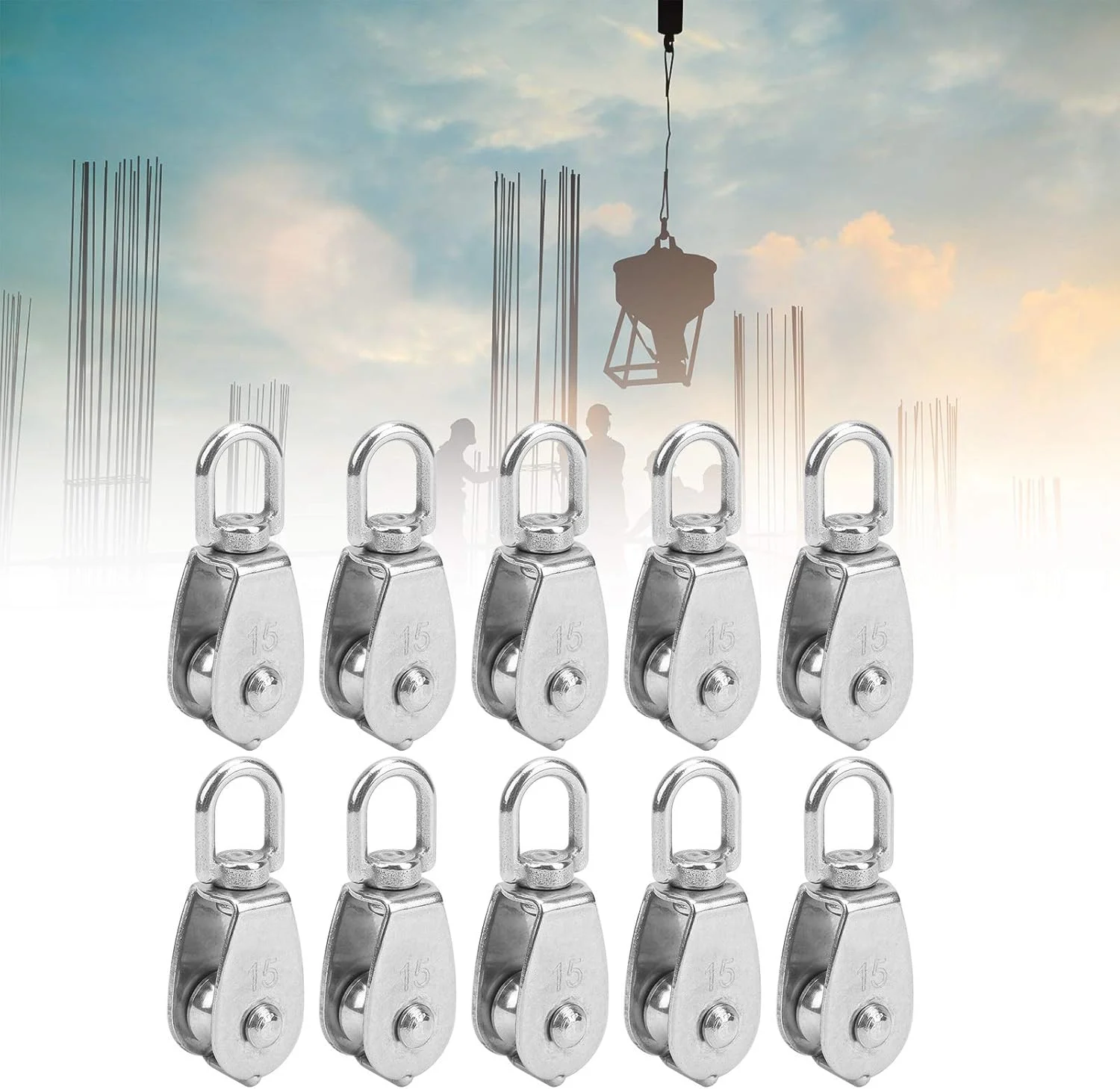 بسته 10 عددی قرقره جرثقیل M15 استیل ضد زنگ با قلاب گردان، چرخ های بالابر بکسل، قرقره سیم بکسل برای کمپینگ، پیاده روی، سیستم های بالابر فضای باز