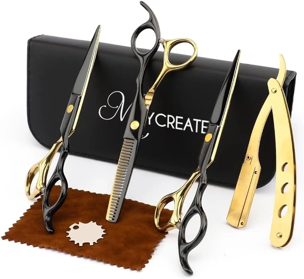 ست قیچی آرایشگری حرفه ای HANNEA®، کیت آرایشگری استیل ضد زنگ با قیچی های صاف و اره ای، قیچی های آرایشگری ارگونومیک، ابزار پیرایش مو با لوازم جانبی برای خانه، سالن