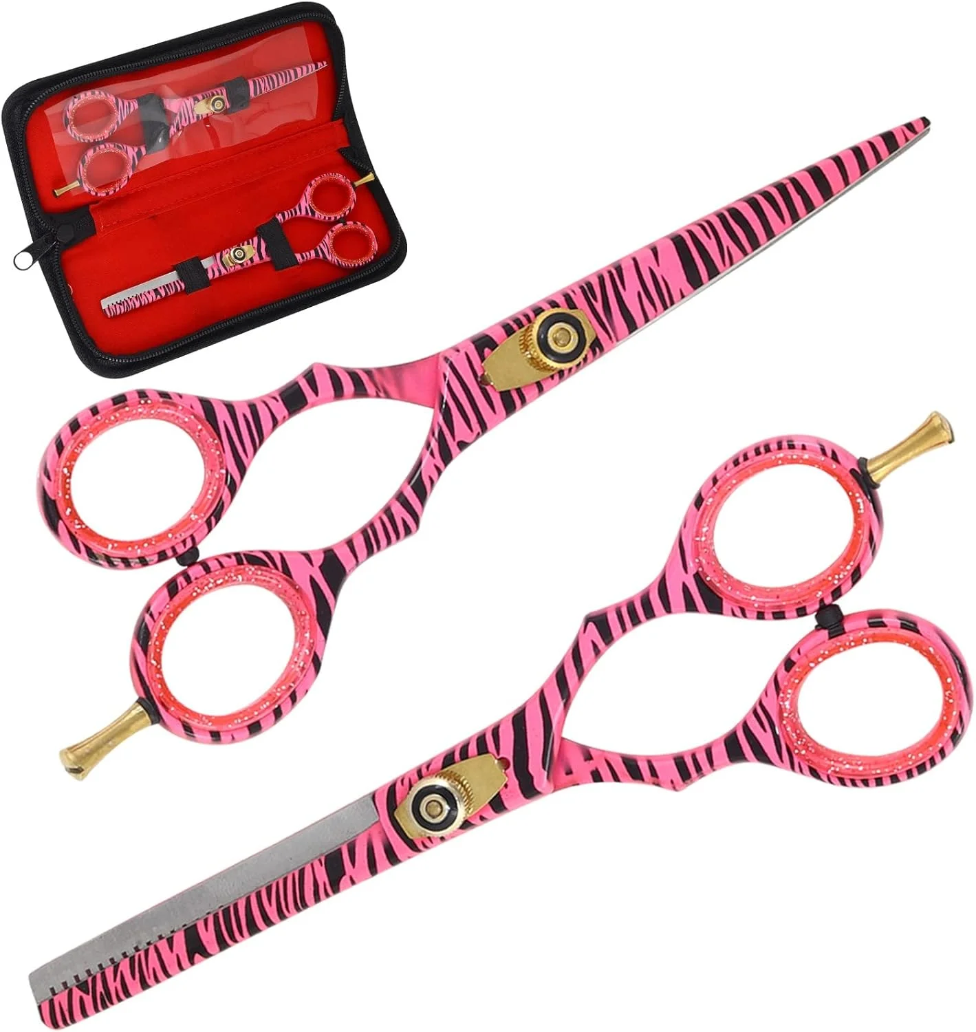 ست قیچی آرایشگری حرفه ای گورخری صورتی، قیچی های پیتاژ، ست سالن آرایشگری