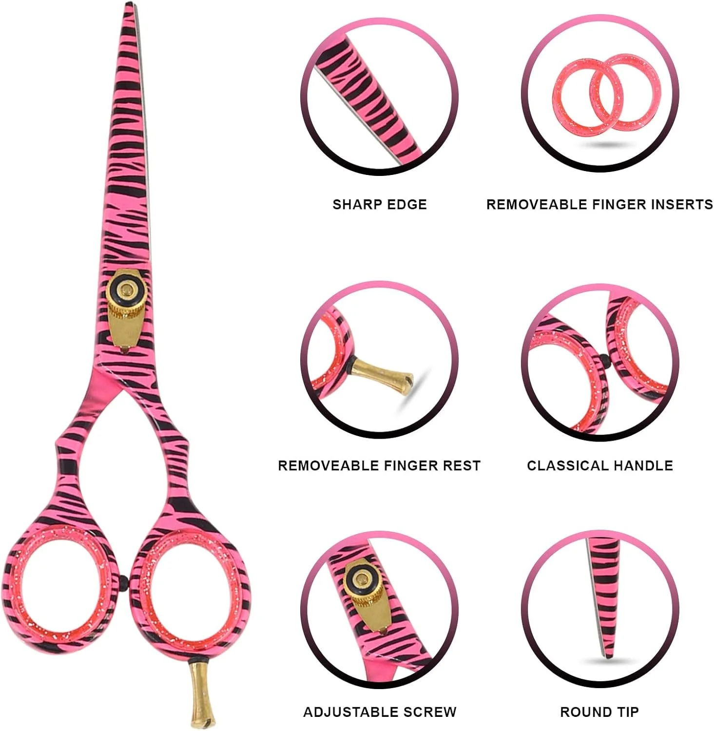 ست قیچی آرایشگری حرفه ای گورخری صورتی، قیچی های پیتاژ، ست سالن آرایشگری