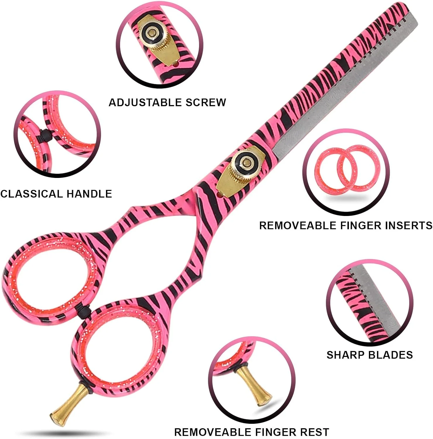 ست قیچی آرایشگری حرفه ای گورخری صورتی، قیچی های پیتاژ، ست سالن آرایشگری