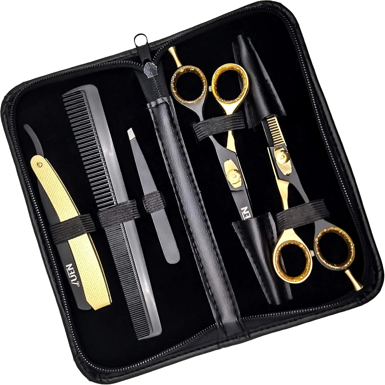 ست قیچی آرایشگری حرفه ای UEN / کیت آرایشگری با قیچی های صاف و اره ای، شانه، تیغ صاف و موچین / فولاد ضد زنگ ژاپنی / برای مردان، زنان، کودکان، آرایشگر، سالن، خانه ست قیچی آرایشگری حرفه ای UEN / کیت آرایشگری با قیچی های صاف و اره ای، شانه، تیغ صاف و موچین / فولاد ضد زنگ ژاپنی / برای مردان، زنان، کودکان، آرایشگر، سالن، خانه