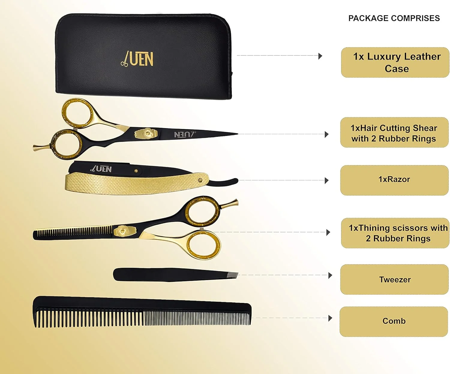 ست قیچی آرایشگری حرفه ای UEN / کیت آرایشگری با قیچی های صاف و اره ای، شانه، تیغ صاف و موچین / فولاد ضد زنگ ژاپنی / برای مردان، زنان، کودکان، آرایشگر، سالن، خانه ست قیچی آرایشگری حرفه ای UEN / کیت آرایشگری با قیچی های صاف و اره ای، شانه، تیغ صاف و موچین / فولاد ضد زنگ ژاپنی / برای مردان، زنان، کودکان، آرایشگر، سالن، خانه