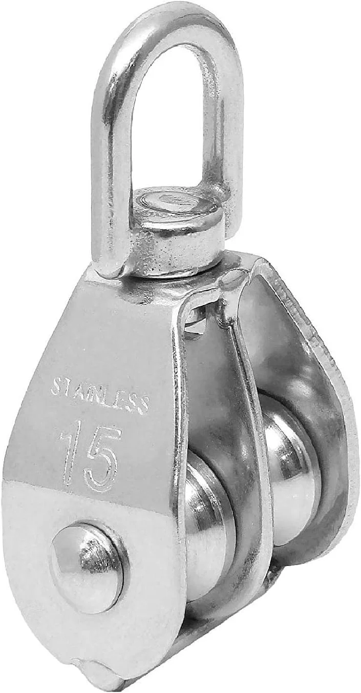 Vinayakart Double M 15 Pulley , Swivel 304 Stainless Steel Heavy Duty Rigging Lifting Wheel Fixed Wire Rope, 15 mm Double Pulley Block for Loading Capacity 35 kg - 1Pcs