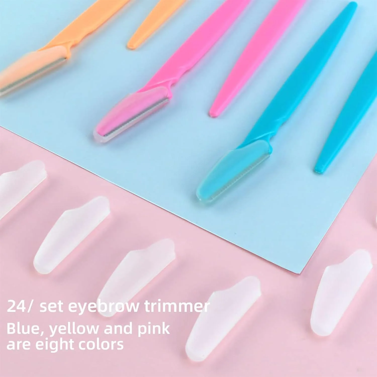 تیغ ابرو زنانه 24 عددی، موبر صورت و اصلاح کننده ابرو، مناسب برای از بین بردن موهای صورت و سبیل، 3 رنگ صورتی، آبی آسمانی، زرد